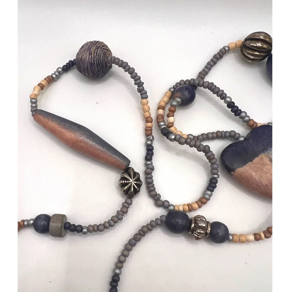 Boho Heart Pendant Necklace 32" Wood Beaded Long Statement‎ - Picture 6 of 8